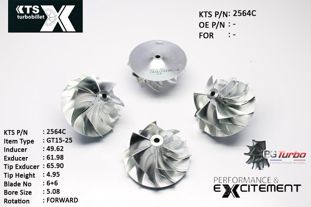 Turbo ROUE FORGÉE MFS PERFORMANCE - 6+6 PALES - INDUCER : 49,6198 - EXDUCER : 61,98 - TYPE : GT15-25ANGLE : 45° - ROTATION : Forward - SUPER BACK : 3,71 - BORE SIZE : 5,08
